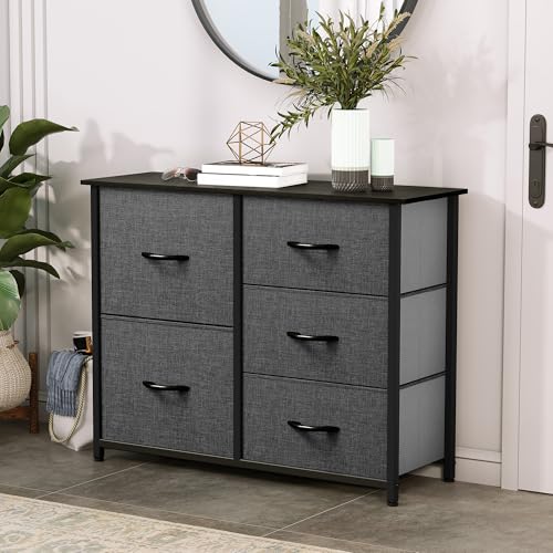 YITAHOME Dresser for Bedroom with 5 Drawers, Wide Bedroom Fabric Dresser with Storage Bins, Clothes Cabinet for Bedroom, Living Room, Hallway, Black Grey - color: Black Ash, style: 5-Drawer