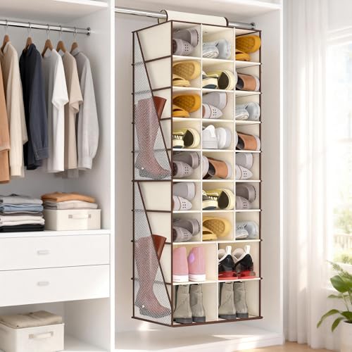 VERONLY Hanging Shoe Organizer for Closet-Collapsible Storage Rack with 25 Sections & 4 Side Pockets, Hanging Shoe Shelves for Hats,and Clothes, Beige - style: 3-Column Beige