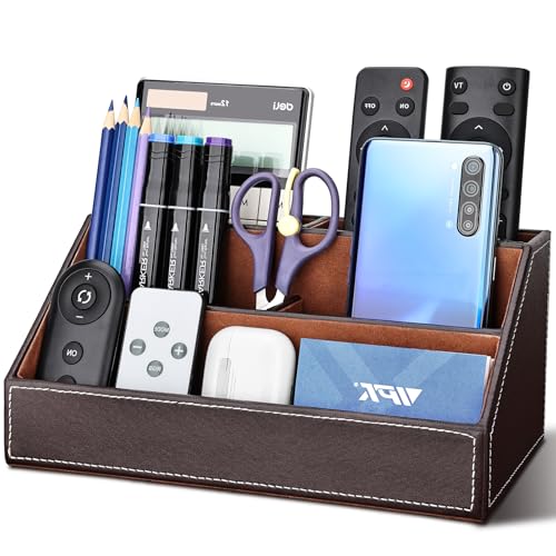 KINGFOM Pu Leather Desk Organizer with 5 Compartments Holder, Multi-Functional Office Supplies Storage Caddy for Pen/Pencil, Phones, Remote Controller and Desktop Accessorie Brown - color: Brown