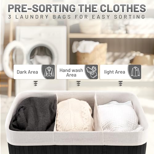 Aliphon 150L Laundry Hamper with lid, 3-Section Clothes Laundry Basket with Handles, Large Collapsible Bamboo Baskets for Bedroom, Bathroom, Dorm, Ink Black - color: Ink Black, size: 150L