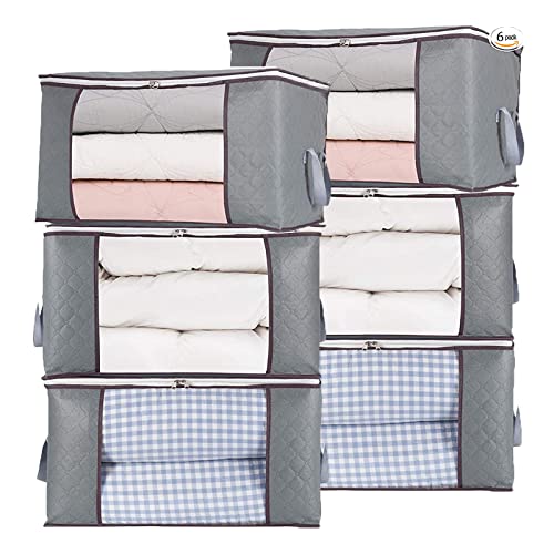 combocube 6Pcs Zippered Storage Bag for Closet King Comforter, pillow, quilt, bedding, Clothes, Blanket Organizers with Large Clear Window & Carry Handles Space Saver - color: Gray, Clear (6-Pack), size: Large