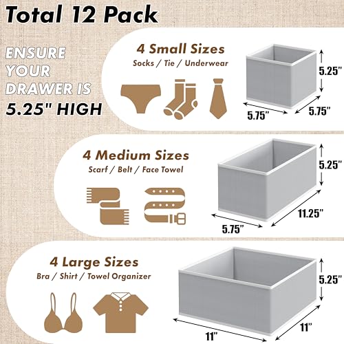 SIMPLE HOUSEWARE Foldable Drawer Organizer for Clothes/Underwear/Panty/Onesie Stocking Bin, Set of 12, Gray - color: Gray, size: Set of 12 - 4L / 4M / 4S