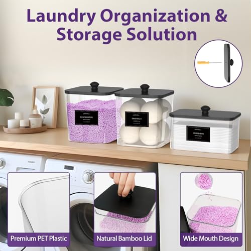 COAZEX 2+1 Pack Clear Laundry Pods Container & Dryer Sheet Holder, Plastic Square Laundry Room Organization and Storage Jars with Black Lids, Scoops & Labels for Detergent, Powder, Dryer Balls - color: 2+1 Pack