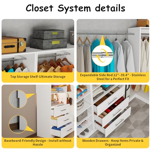 Closet System with 9 Drawers, Corner Closet Organizer System with 9 Hanging Rods Walk in Wooden Modular Closet Storage System L-Shaped 4 Sets, 2800+ Lbs Capacity White - color: Cl07090909