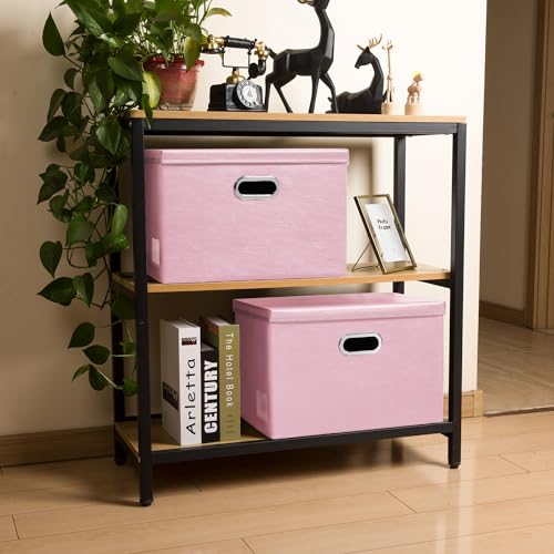 PRANDOM Foldable Storage Bins with Lids [5-Pack] Leather Fabric Collapsible Storage Boxes Organizer Containers Baskets Cube with Cover for Bedroom Closet Office Nursery Pink (14.9x10.8x10) - color: Pink, size: Medium(5-Pack)