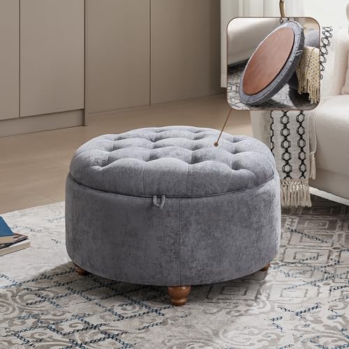 30Inch Round Storage Ottoman with Tray, Modern Tufted Circle Coffee Table with Storage, Upholstered Ottoman with Removable Top for Living Room, Bedroom, Chenille Blue - color: Chenille Blue, size: 30 Inch