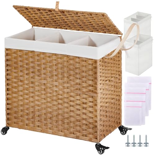 Greenstell Laundry Hamper with Wheels&Lid, 130L Large 3 Sections Clothes Hamper with 2 Types Removable Liner Bags, 5 Mesh Laundry Bags, Handwoven Divided Laundry Basket for Clothes, Natural - color: Natural, size: 130L: 25.6x13.0x25.7 Inches