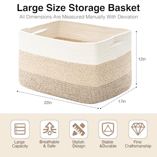 ICERZCZ Large Rectangle Blanket Basket, Large Storage Basket for Organizing, Cotton Rope Woven Basket for Storage with Handles, Baby Nursery Living Room Bedroom, 22”x17”x12”, 75L - color: Gradient Brown, size: 22”x17”x12”