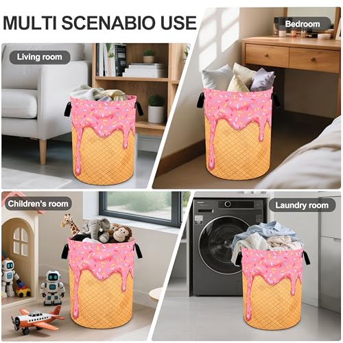 Pink Ice Cream Laundry Basket Foldable Oxford Cloth Tote Bag Laundry Hamper Clothes Storage Bucket Organizer For Bathroom/Laundry Storage/Bedroom 19.6x15.7 Inch - color: Pink Ice Cream