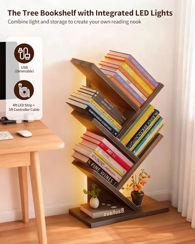 Godferyxin Tree Bookshelf with Liting,Small Bookcase LED and Desktop Book Shelf for Office, Home or School Small Bookshelf for Wood Displaying Books, CDs, Magazines Wood Book Rack-Mini Bookcase - color: 5tier-bookshelf With Liting Vintage