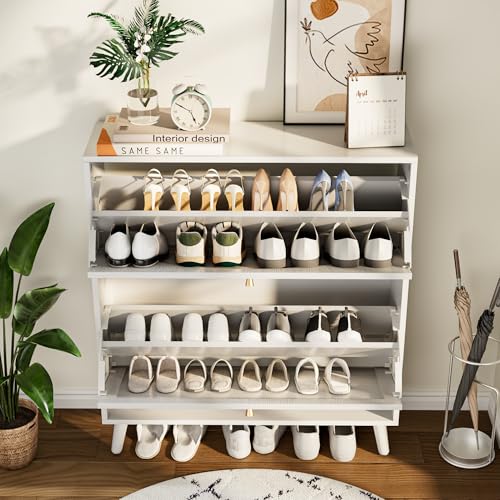 Fsbecl Shoe Storage Cabinet for Entryway with 2 Flip Drawers, Narrow Wood Shoe Cabinet with Fluted Panel, Freestanding Hidden Shoe Organizer for Foyer, Hallway (White - with Shelf) - color: White - With Shelf