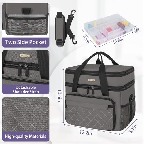 Sewing Storage Bag with Removable Tray Large Capacity Sewing Aaccessories Organizer Travel Sewing Case with Shoulder Strap Double-Layer Sewing Organizer Bag Grey (Bag Only) - color: Grey