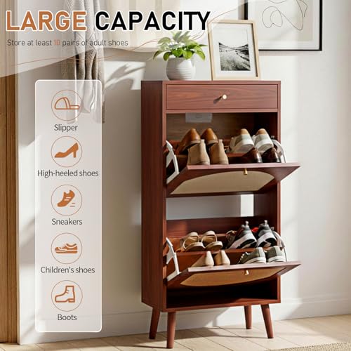 Karl home Shoe Rack Storage Organizer, Rattan-Panel 1-Drawer 2-Tilt-Out Shoe Storage Cabinet, Hidden Shoe Storage for Entryway,Ideal for Heels,Slippers,Casual Shoes, Brown - color: Brown, size: 1-Drawer 2-Tilt-Out