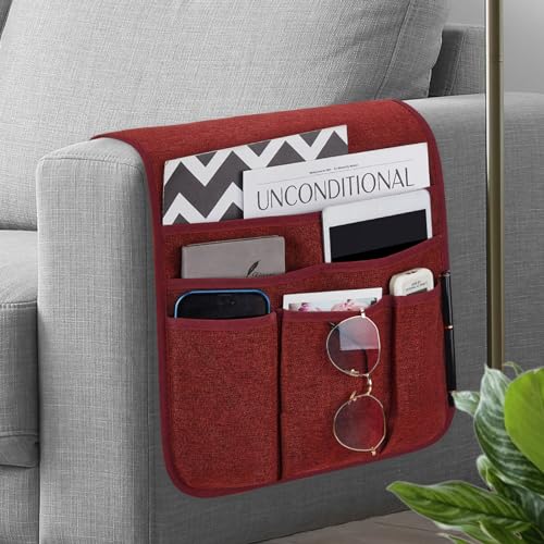 Teniux Remote Control Holder Armchair Caddy for Recliner Couch, Non-Slip Armrest Organizer with 5 Pockets for Magazine, Tablet, Phone, iPad (Red) - color: Color J- Red