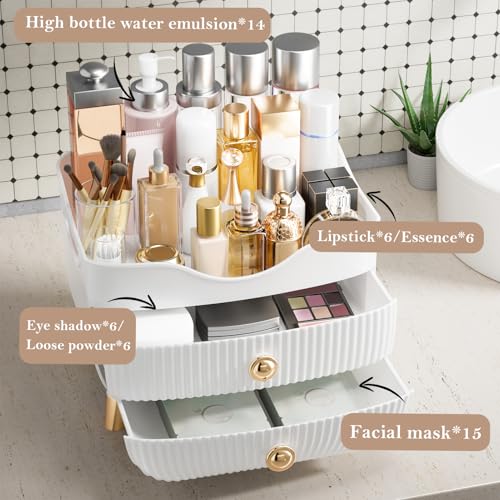 Makeup Organizer Countertop, Large Capacity Skincare Cosmetic Organizer for Vanity with 2 Drawers, Cosmetic Display Cases Makeup Storage Box for Bedroom, Bathroom, Ideal Gifts for Women(White) - color: White