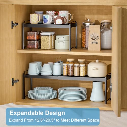 2 Pack Expandable Cabinet Countertop Shelves, Stackable Shelves Organizers For Kitchen Cabinet Countertop Storage, Adjustable Counter Cupboard Pantry Organizer Shelf Rack Stand, Length:20.5" - color: Black, size: 2 Pack: 12.6"-20.5"L