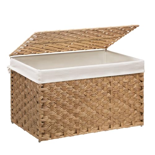 Wicker Storage Basket with Lid, 42.3 Gallon (160L) Large Blanket Basket with Lid, Woven Storage Bin with Handles, Removable Liner, Metal Frame, Foldable, for Bedroom, Laundry Room, Natural - color: Natural, size: 160L:17.7 x 29.9 x 18.1 Inches
