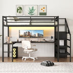 Bellemave Full Size Metal Loft Bed with L Shaped Desk and Wardrobe, Heavy Duty Loft Bed Frame with Storage Stairs, LED Loft Bed Frame with Charging Station & Safety Guardrails, Black - color: Black, size: Full