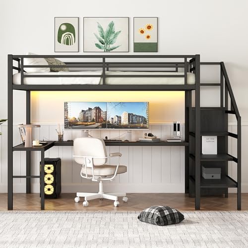 Bellemave Full Size Metal Loft Bed with L Shaped Desk and Wardrobe, Heavy Duty Loft Bed Frame with Storage Stairs, LED Loft Bed Frame with Charging Station & Safety Guardrails, Black - color: Black, size: Full