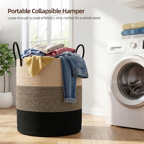 OIAHOMY Large Laundry Basket Hamper - 60L Cotton Rope Woven Basket for Blankets, Toys, Clothes - Tall Decorative Nursery Hamper with Long Handles, Yellow/Black - color: Yellow/Black, size: 60L