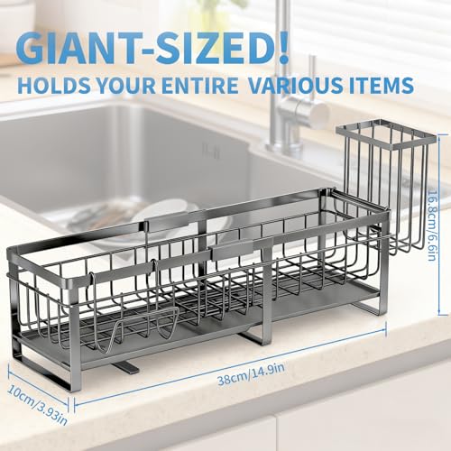 Aurblozen Extra Large Extendable Sponge Holder for Kitchen Sink, Rustproof Sink Caddy Organizer with High Brush Holder, Dish Soap Dispenser Organizers and Storage (Gray) - color: Gray