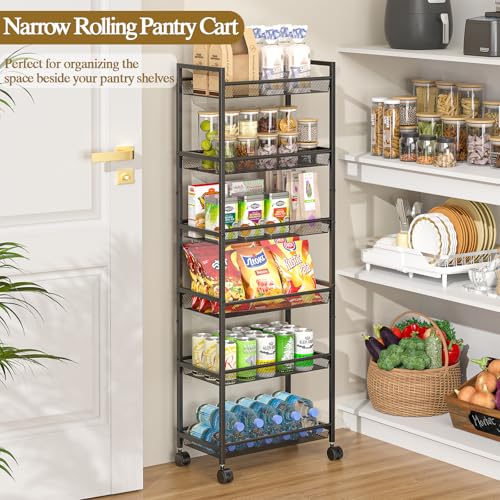 6 Tier Slim Rolling Storage Cart, Narrow Mobile Shelving Unit Organizer Utility Cart with Wheels, Metal Wire Storage Rack with Baskets for Kitchen, Bathroom, Laundry & Living Room, 10in(W) Black - color: Black, size: 6 Tier(10 inches)