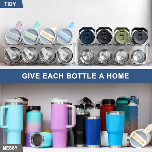 LARGER Compartment - 2 Tier Stackable Water Bottle Organizer Holder - for Stanley 40oz & Others' Large Tumbler - Clear Wine Rack, 8 Cup Bottle Holder for Cabinet Home Countertop Fridge Pantry Shelf - color: Clear, size: 2 Tier - Hold 8