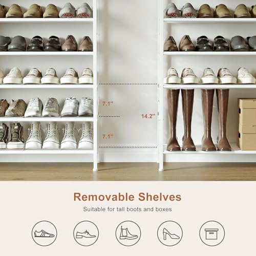 Shoe Rack with Coat Rack, 8 Tier Tall Shoe Storage Organizer with Hooks, 3-in-1, Wooden Top Shelf, Sturdy Frame, Metal Clothes Hanger Stand for Entryway, Closet, White - color: White