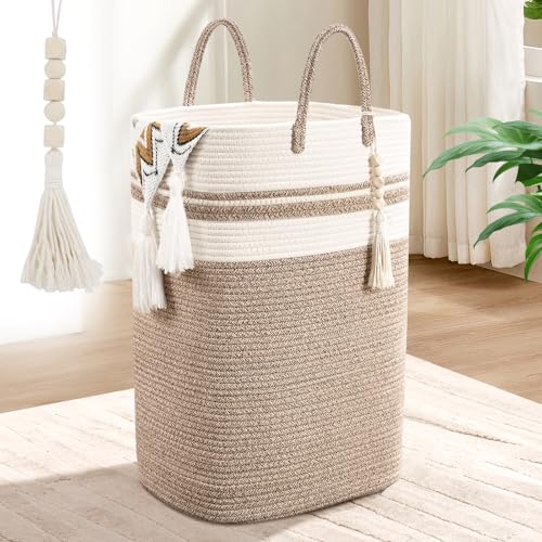Woven Laundry Basket for Clothes, 80 L Large Rectangle Laundry Hampers with Beads Tassel, Nursery Storage Basket for Toys, Tall Dirty Clothes Hamper for Bedroom Aesthetic, Laundry Room Organization - color: Brown&White, size: 80L