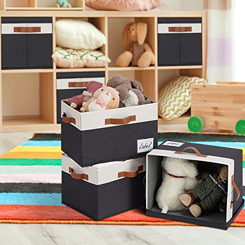 GhvyenntteS Large Storage Bins with Lids (3 Pack), Storage Baskets with Lid and Label Window, Foldable Fabric Storage Boxes with 3 Handles for Home Office College Dorms (Black, 15" x 11" x 9.7") - color: Black with White, size: Large-3 Pack