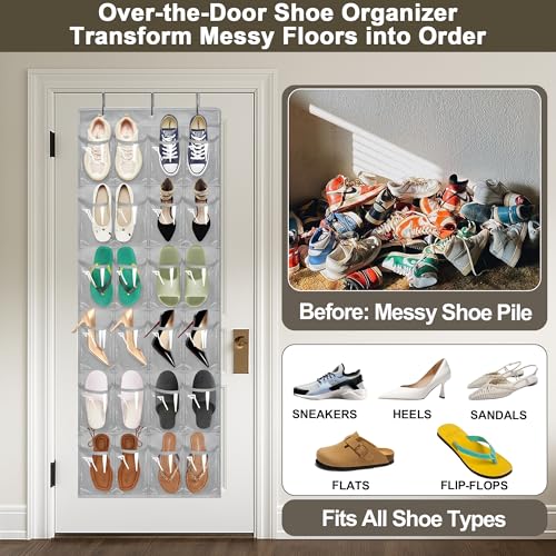 Over The Door Shoe Organizer - Space Saving Shoe Rack for Closet Door with 24 Crystal Clear Pockets and Metal Hooks, Shoe Holder Back of Door Organizers for Shoes, Gray Hanging Shoe Organizer (Gray) - color: Gray, size: 1pc