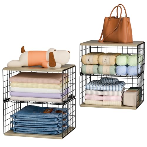 2 Pack Extra-Long, Low-Profile Closet Organizers and Storage with Wood Top, 4 Tier Stackable Closet Shelf Organizer, Space-Saving Clothes Storage Bin for Wardrobe & Small Spaces, Sturdy (Black) - color: BLACK, size: 4-tier:15.74"L x 12"W x 17.32"H