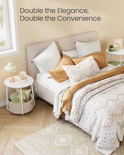 VASAGLE LILEA Collection - Small Round Side End Table, Modern Nightstand with Fabric Basket, for Living Room, Bedroom, Set of 2, Matte White and Camel Brown ULET225WG01S - color: Matte White + Camel Brown, size: Round + 2 pack