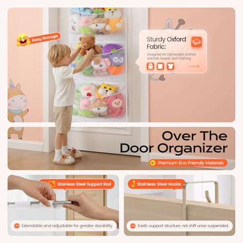 Upgraded Assembly Type Stuffed Animal Storage. Original Design & Patented, 4 Components Over the Door Organizer, Adjustable Stuffed Animals Storage, Suitable for Doors and Walls of Various Heights.