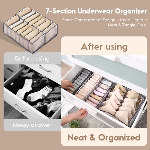 2-Pack Underwear Storage Organizer, 7-Compartment Foldable Drawer Divider for Home, Closet, and Travel Use, Mesh Fabric Organizer Box for Clothing - color: 2 Grey