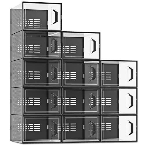 SEE SPRING XX-Large Shoe Storage Box Fit Size 14, Clear Plastic Stackable Shoe Organizer for Closet, Space Saving Sneaker Shoe Rack Containers Bins Holders for Entryway, Under Bed, 12 Pack Black - color: Black, size: XX-Large Fit Size 14