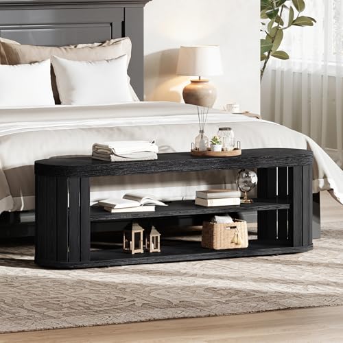 Tribesigns 47.2" Wooden Entryway Bench with 2-Tier Shoe Storage, Farmhouse Dining Bench with Adjustable Foot Pads, End of Bed Stool for Bedroom, Hallway, Living Room, Dining Room, Black - color: Black