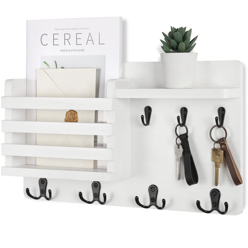 Nekon Mail Holder for Wall Mail Organizer with Key Hooks Hallway Farmhouse Decor Storage Racks with Floating Shelf and Flush Mount Hardware (16.8Inch x 10Inch x 3.2Inch) - color: White