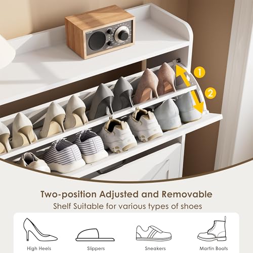 Nicetree Shoe Cabinet with 2 Flip Drawers, Freestanding Shoe Organizer, Shoe Cabinet with Metal Legs, Narrow Shoe Rack Cabinet for Entryway, Foyer, Hallway, White - color: Alabaster, style: 2-Drawers