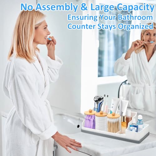 Bathroom Counter Organizer, Large White Silicone Toothbrush Holders for Bathrooms with 3PCS Qtip Holder, Bathroom Organizer Countertop Toothbrush and Toothpaste Holder for Makeup Organizer for Vanity - color: White Grey With 3pcs Dispenser
