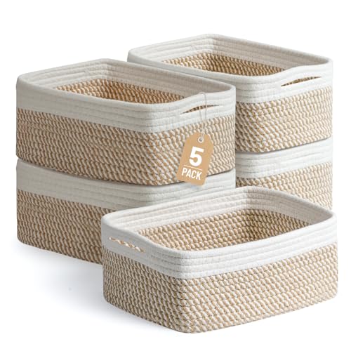 5 Pack Small Woven Storage Baskets for Shelves, Cotton Rope Baskets Organizer for Bathroom, Closet & Nursery, Decorative Storage Bins for Organizing Socks, Toys, 11.8"x7.9"x4.7", Khaki/White - color: Khaki & White
