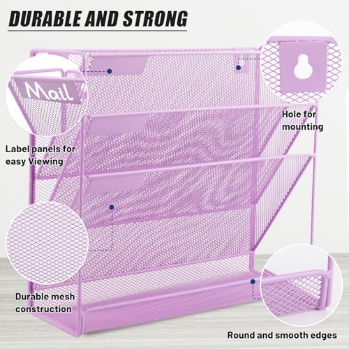 EASEPRES Desk File Organizer Mesh 4-Tier, Hanging Wall Mount Document Organization Stand, Desktop Vertical Mail Paper Folder Holder Rack with Bottom Tray for Office Home Cubicle, Light Purple - color: Light Purple, size: 4 Tier