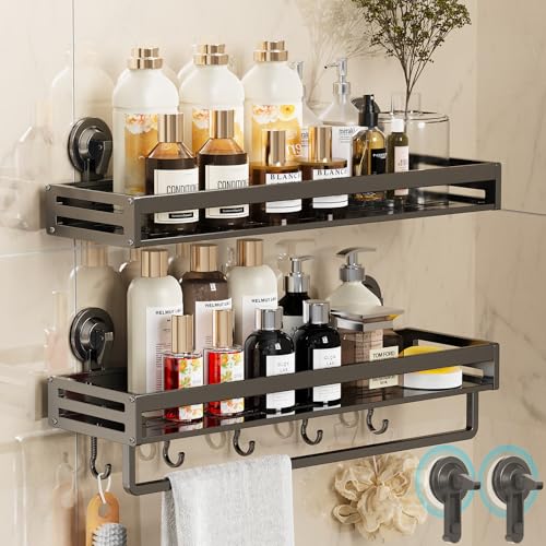 Suction Cup Shower Caddy, 15.7inch Extended Version, with 5 Hooks & Towel Rrack, No Drilling Required, Rust-Resistant Bathroom Shower Organizer (Dark Gray, 2-Pack) - size: 15.7 inches(2-pack US)