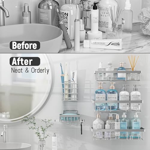 Liuoud 5 Pack Shower Caddy Organizer Rack Shelf for Inside Shower, Self Adhesive Bathroom Wall Storage Basket Rustproof Stainless Steel Large Capacity Shampoo Holder, Silver - color: Silver
