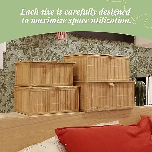 Wicker Basket With Lid Bamboo Storage Box for Shelf Bamboo Decor Storage Boxes With Lids-Rectangle Decorative Basket With Lid Organizer for Bedroom,Living Room (Set of 4,natural) - color: Natural