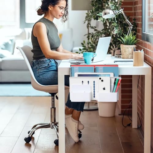 MAXECHO Desk Side Storage, Under Desk Laptop Mount, Table Side Hanging File Organizer, No Drill Clamp On Cable Management Tray, Laptop Holder with Magnetic Pen Holder for Office and Home, Load 22 Lbs - color: White, size: Double-deck with Pen Holder