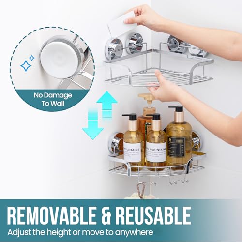 TAILI 2 Pack Powerful Suction Cup Corner Shower Caddy, Stainless Steel Rustproof Shower Shelf with Hook, Drill-Free Wall Mounted Basket, Large Capacity Removable Suction Cup Bathroom Organizer, Silver - style: Corner Caddy, Silver