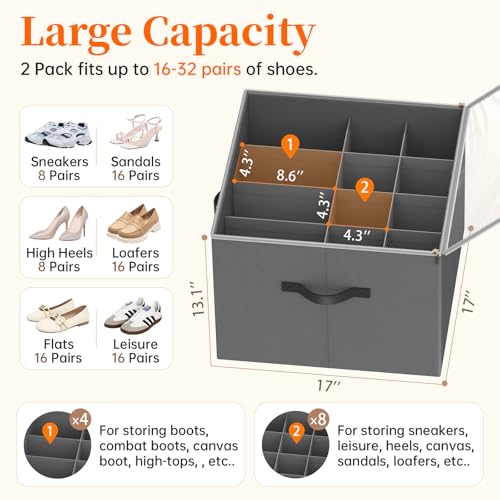 3 Pack Shoe Organizer for Closet, Foldable Shoe Storage Containers, Fits up to 24-48 Pairs, Shoe Storage Organizer Box Cubby Baskets Bins with Clear Cover and Reinforced Handles, Gray - color: 3Pack Gray