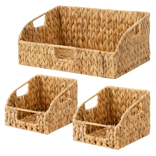 StorageWorks Water Hyacinth Pantry Storage Baskets, Wicker Baskets with Built-in Handles, Handwoven Shelf Baskets for Organizing, Pantry Organizers and Storage, 3 Pack - color: Natural(Water Hyacinth), size: 17"L x 11"W x 7½"H + 2x 7½"L x 9½"W x 6¾"H