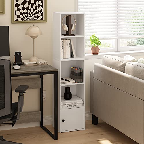 Furinno LUDER Book Shelf, 5-Tier Modern Bookshelf, Bookcase with 1 Door Storage Cabinet, 9.3 x 12 x 52, for Organization and Storage, for Living Room, Bedroom, Home Office, White - color: White, size: 5-Cube with Cabinet